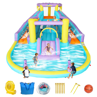 7-in-1 Inflatable Water Slide Bounce House with 3 Slides, Splash Pool, Climbing Wall, Water Gun & Basketball – for Kids Aged 3-10, 520W Blower, 168 x 150 x 78 Inches, Outdoor Backyard Fun