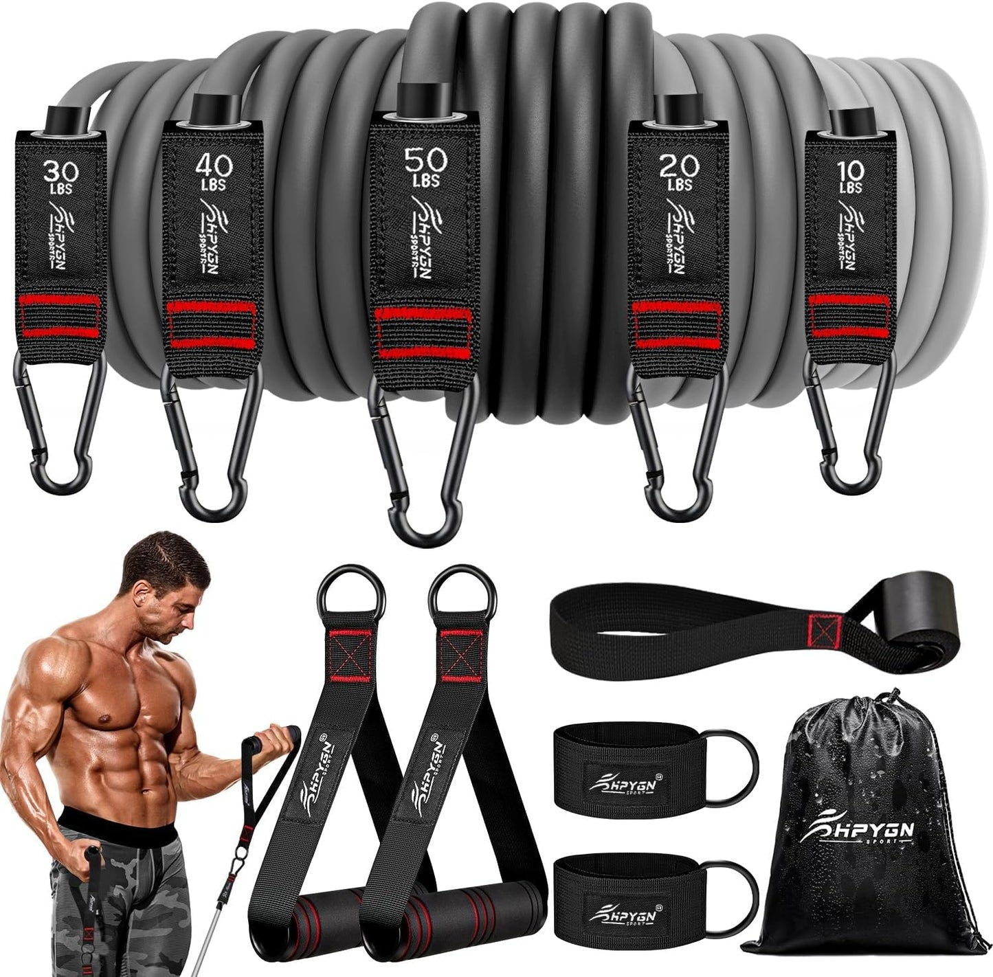 HPYGN Resistance Band, Exercise Bands with Handles, Workout Bands, Fitness Bands with Door Anchor and Ankle Straps, for Heavy Resistance Training, Physical Therapy, Shape Body, Yoga, Home Workouts Set