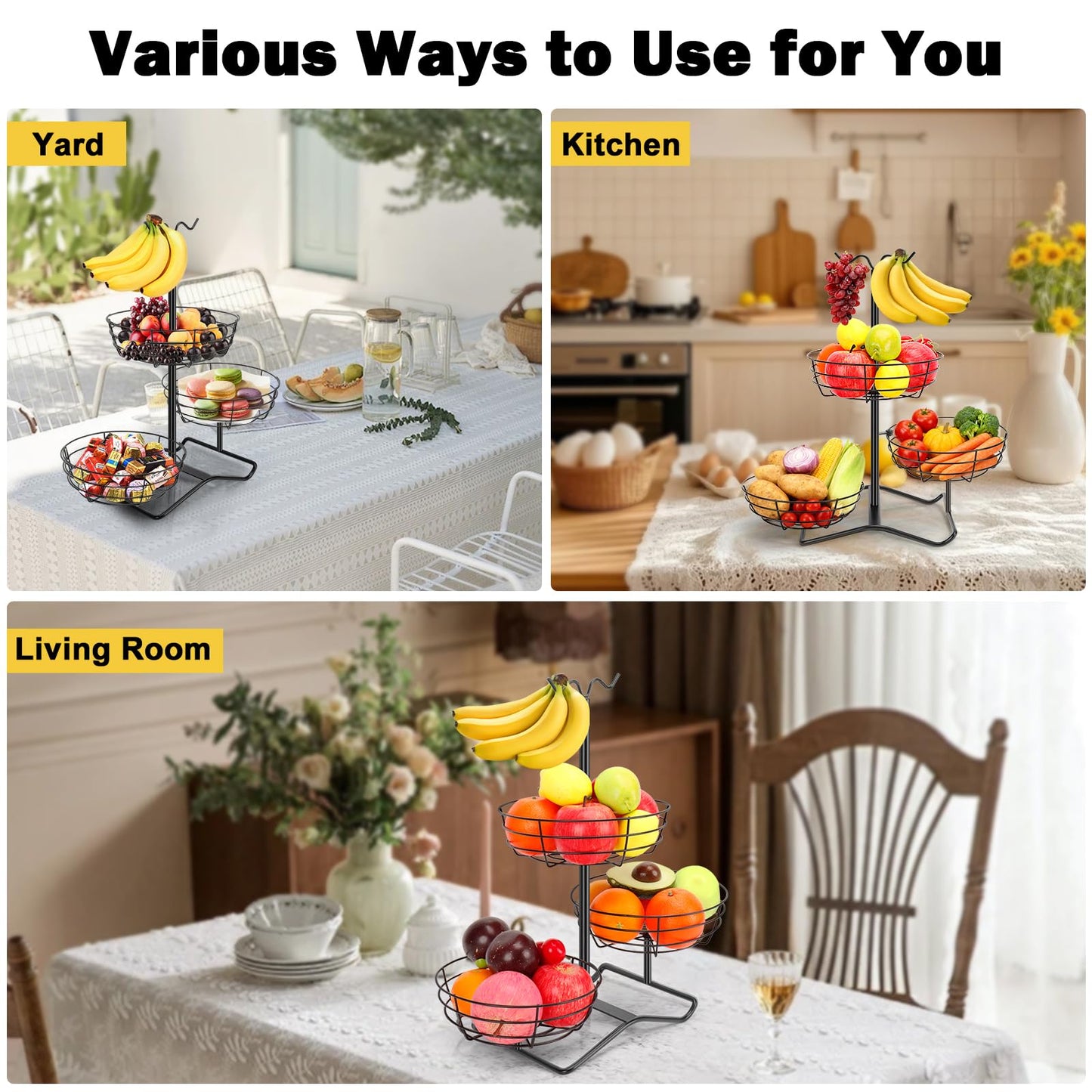 Winmien 3 Tier Fruit Basket Bowl with 2 Banana Hooks, Solid Metal Standing Vegetable Storage for Kitchen Counter, Large Capacity Organizer for Bread Snack Produce (Black)