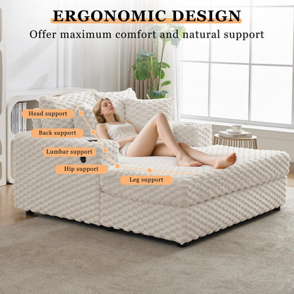 PeacefulHues 60 Inch Oversized Chaise Lounge Indoor, Upholstered Sofa Bed with Throw Pillows and Armrests, Sleeper Chair- Cozy Reading Chair for Living Room, Bedroom, Home, Beige