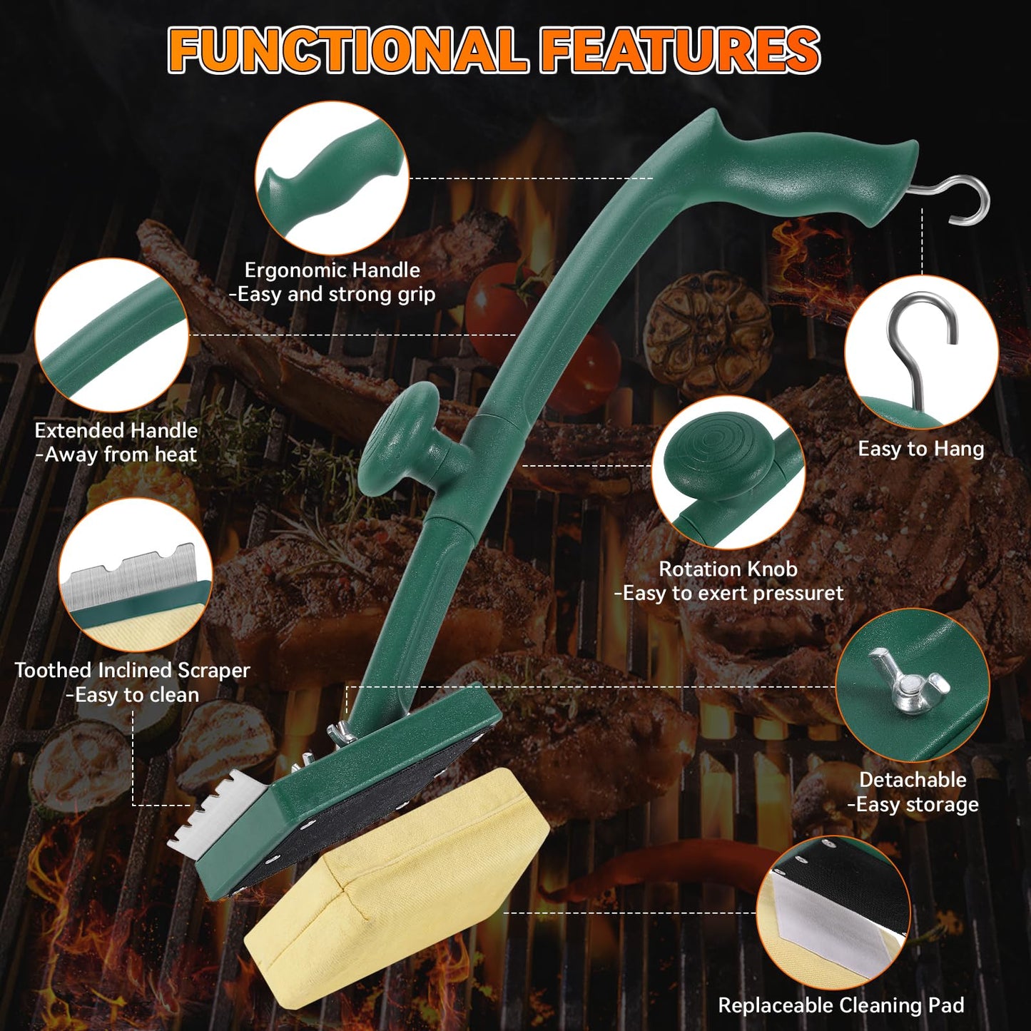 Grill Brush Bristle Free with Scraper,22" Extra Long Steam Grill Brush for Outdoor Grill,Replaceable Cleaning Head,Safe Grill Cleaner for Cast Iron/Stainless-Steel Grates,Ideal BBQ Gifts for Men Dad