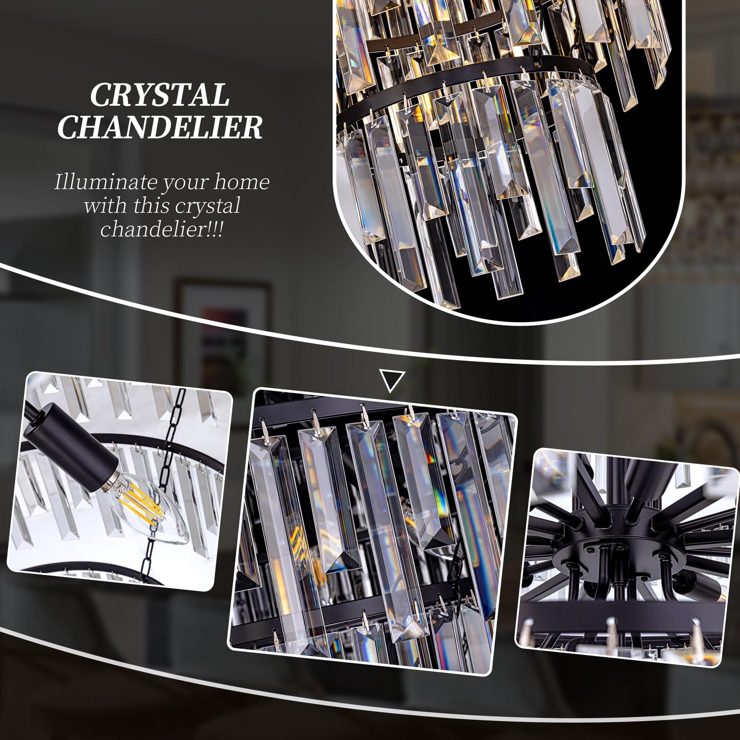 Wellmet Luxury 8-Tier Crystal Chandelier, Black Large Crystal Chandelier, for Living Room, Dining Room, Porch, Entryway, Hallway, Restaurant, 31''W