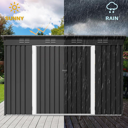 DWVO 9x4ft Large Tool Storage Shed with Window, Lockable Doors, and Sloped Roof, Oversized Steel Outdoor Storage Shed for Garden, Patio, Garage, Backyard, Lawn - Dark Gray