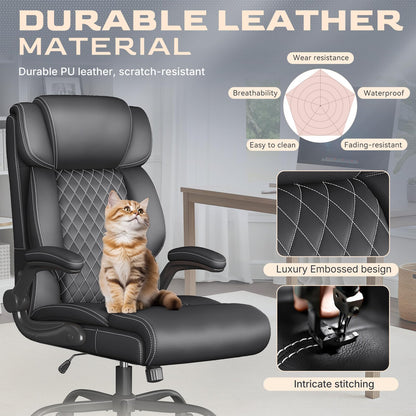 Office Chair-Executive High Back Breathable Comfy Desk Chair with Flip-up Armrests Lumbar Support-Ergonomic Leather Rolling Swivel Chair with Rock Function for Working,2 Pack