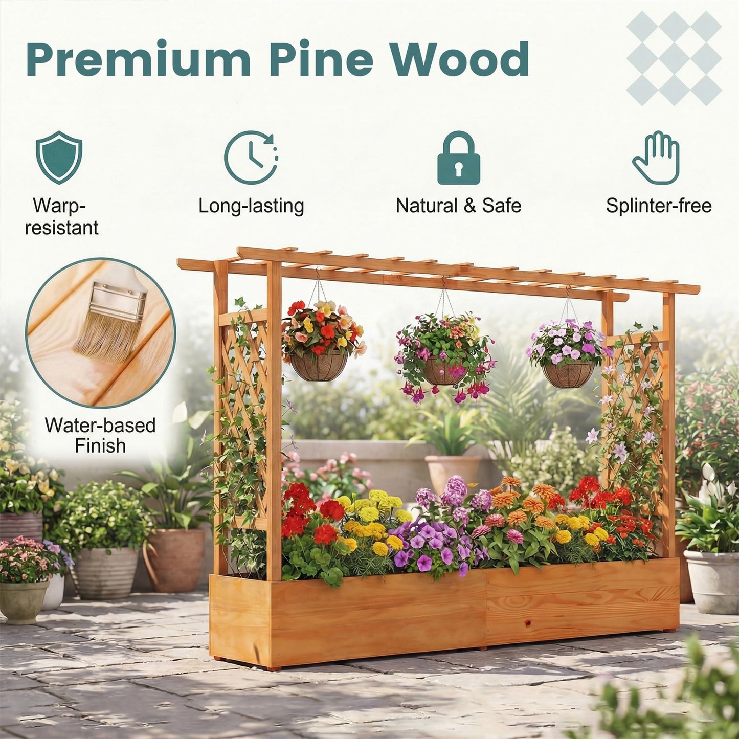 HAPPYGRILL Raised Garden Bed with Trellis, 2 Pack Freestanding Wood Planter Box w/Hanging Roof & 8 Drainage Holes for Vine Climbing Plants Flowers, Outdoor Planter with Trellis for Garden Patio Yard