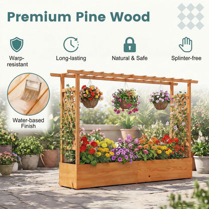 HAPPYGRILL Raised Garden Bed with Trellis, 2 Pack Freestanding Wood Planter Box w/Hanging Roof & 8 Drainage Holes for Vine Climbing Plants Flowers, Outdoor Planter with Trellis for Garden Patio Yard