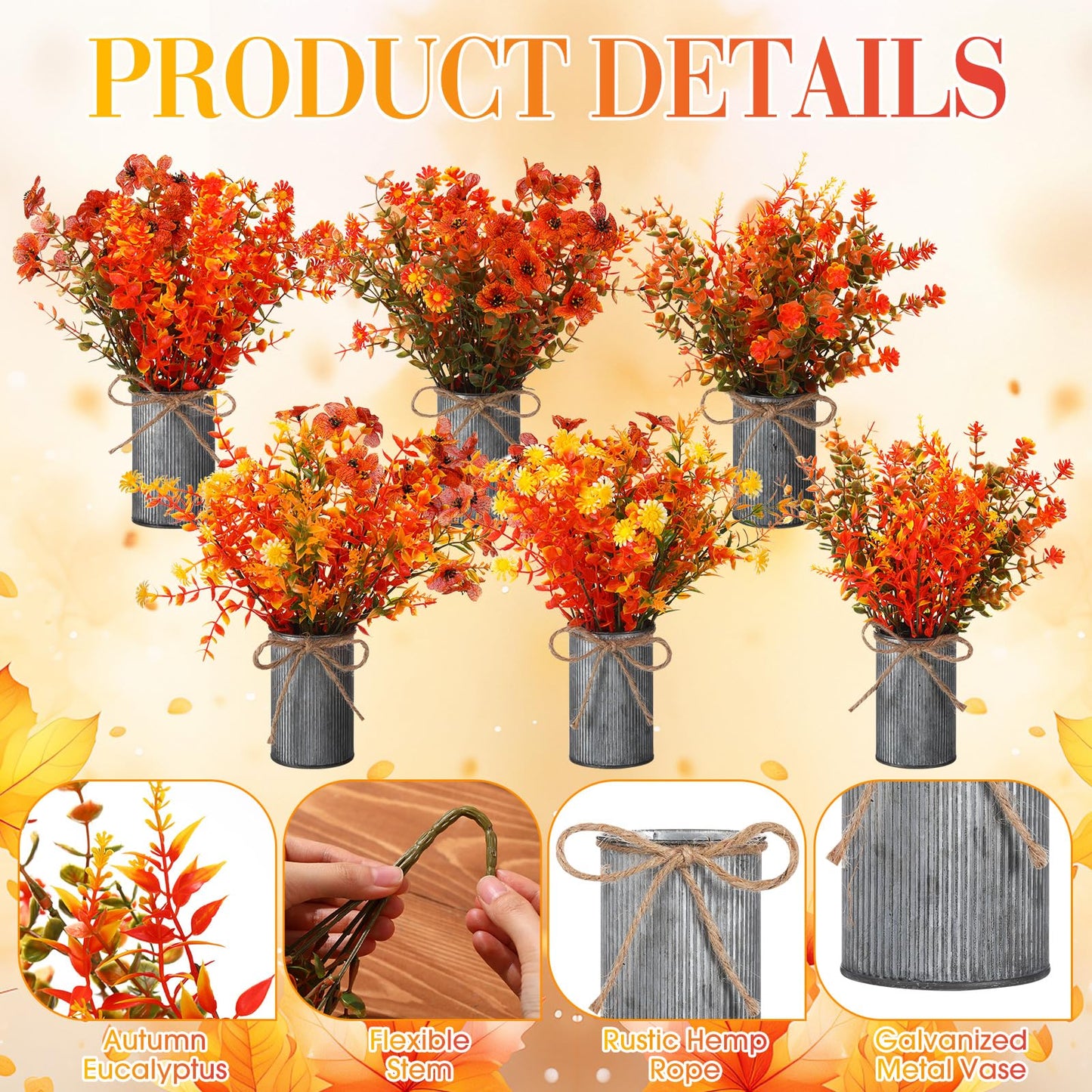 Zeyune 6 Sets Artificial Fall Thanksgiving Centerpiece for Tables Faux Fall Plants with Galvanized Pots Farmhouse Artificial Orange Autumn Flowers Bouquet for Wedding Home Office Rustic Decor