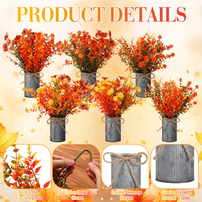 Zeyune 6 Sets Artificial Fall Thanksgiving Centerpiece for Tables Faux Fall Plants with Galvanized Pots Farmhouse Artificial Orange Autumn Flowers Bouquet for Wedding Home Office Rustic Decor