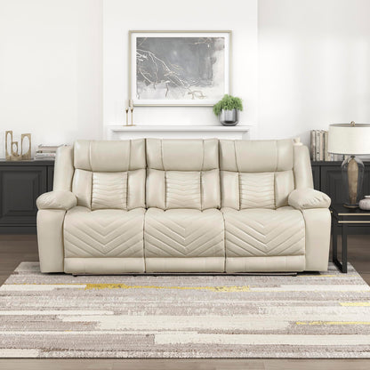 Lexicon Wall Hugger Power Double Reclining Sofa with Center Drop-Down Table, Faux Leather Home Theater Seating with LED Lighting/USB Charging Ports/Wireless Charger/Cup Holders, Magazine Pocket, Beige