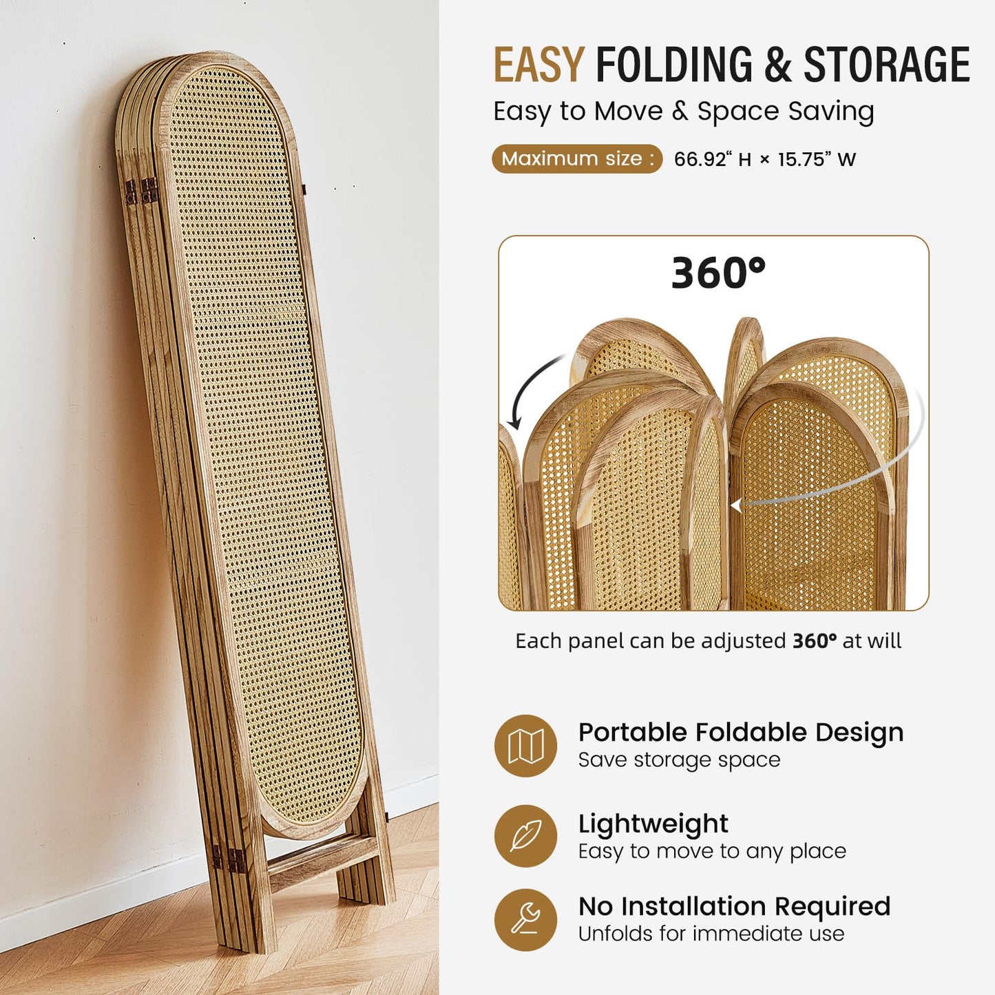 Aletheiawu Arched Rattan Room Divider 5.6 Ft Folding Privacy Screen, 6 Panel Freestanding Room Partition with Double Hinges, Lightweight Paulownia Wood Divider for Bedroom, Restaurant, Office, Natural
