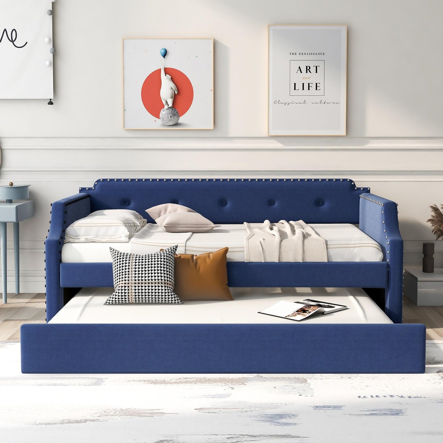 GDFStudio Twin Upholstered Daybed with Trundle, Linen Fabric Sofa Bed Frame with Wood Slats Support, Pull-Out Guest Bed for Living Room Bedroom Apartment, Blue