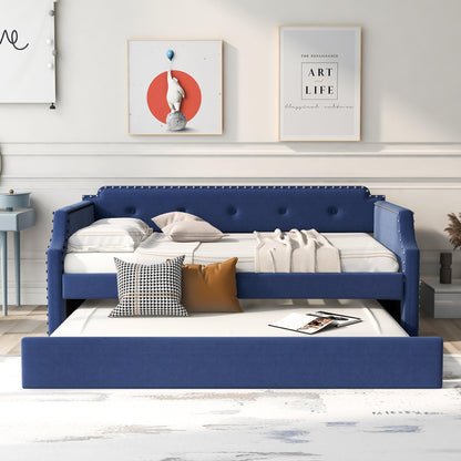 GDFStudio Twin Upholstered Daybed with Trundle, Linen Fabric Sofa Bed Frame with Wood Slats Support, Pull-Out Guest Bed for Living Room Bedroom Apartment, Blue