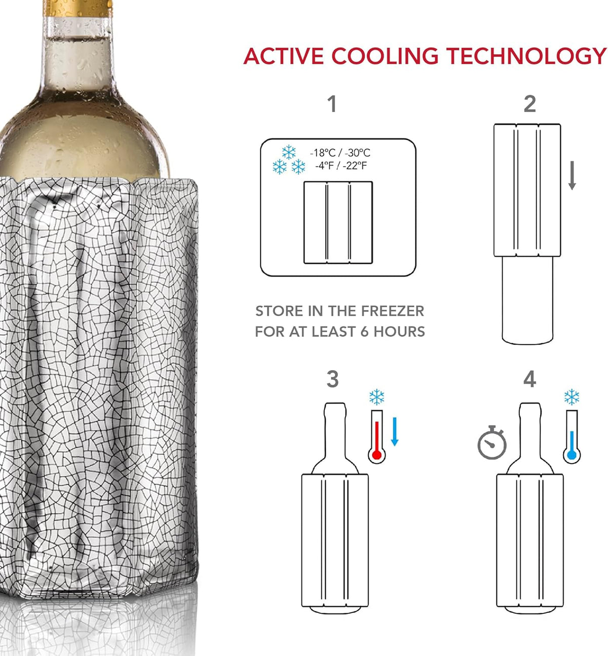 Vacu Vin Silver Rapid Ice Active Cooler Wine Bottle Chilling Sleeve, Standard