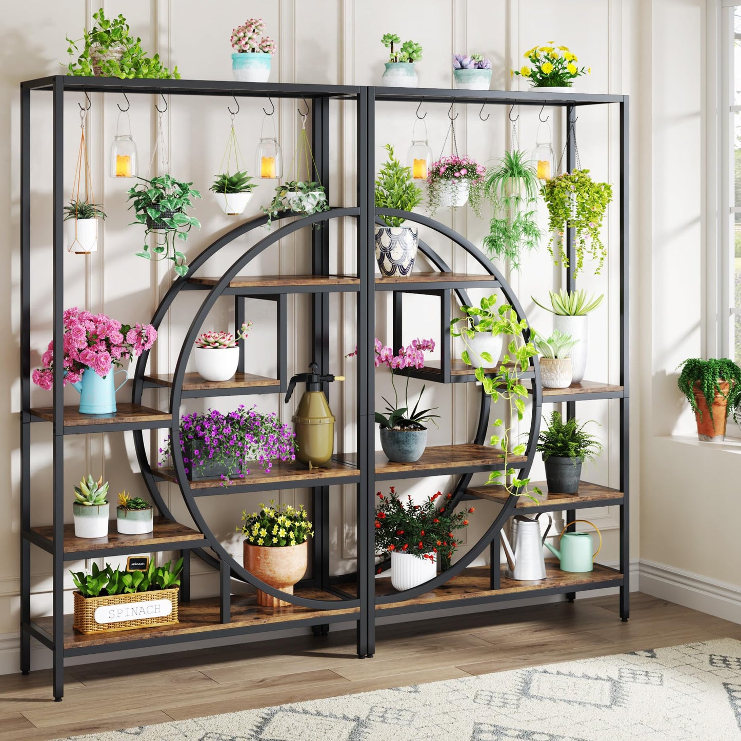 Tribesigns 7 Tier Indoor Plant Stand, 70.9" Tall Half Moon Shaped Plant Shelf with 6PC S Hanging Hooks, Industrial Large Flower Pots Display Rack for Home Garden, Balcony, Patio (Brown-2PC)