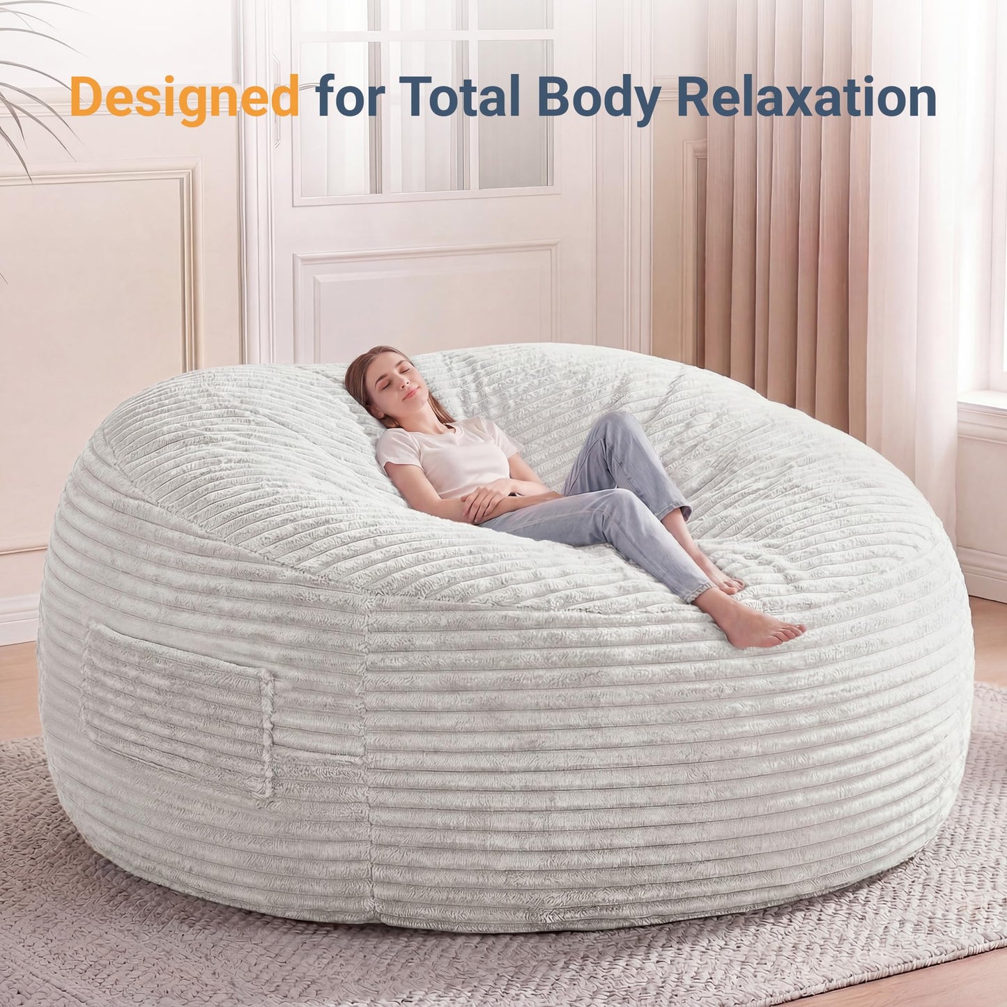 Claiks 8 Ft Giant Foam Bean Bag Chair, Oversized Couch with Removable Cover, Soft Plush Bean Bag Chairs for Adults and for Kids Teens Adults in Living Room, Beige