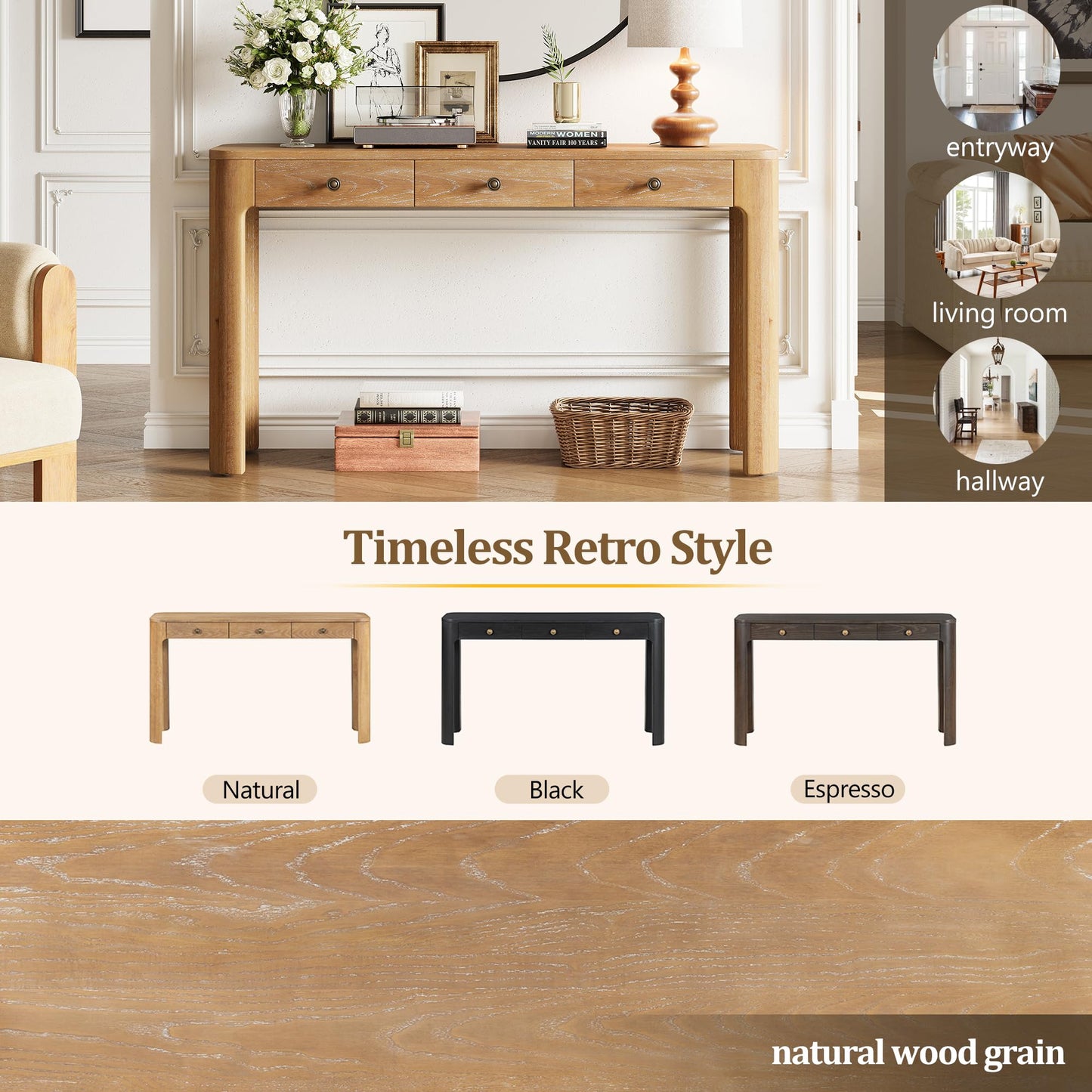 Merax 52" Console Table with 3 Drawers, Rustic Entryway Table with Curved Corners, Narrow Long Sofa Table for Living Room, Hallway, Entrance, Behind Couch, Foyer, Sturdy Thick Legs, Natural