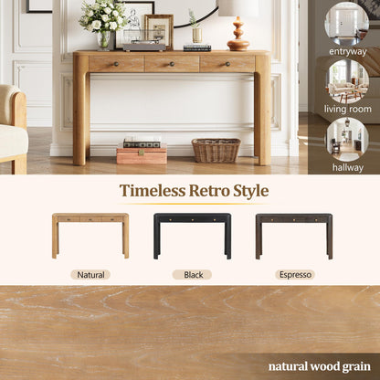 Merax 52" Console Table with 3 Drawers, Rustic Entryway Table with Curved Corners, Narrow Long Sofa Table for Living Room, Hallway, Entrance, Behind Couch, Foyer, Sturdy Thick Legs, Natural