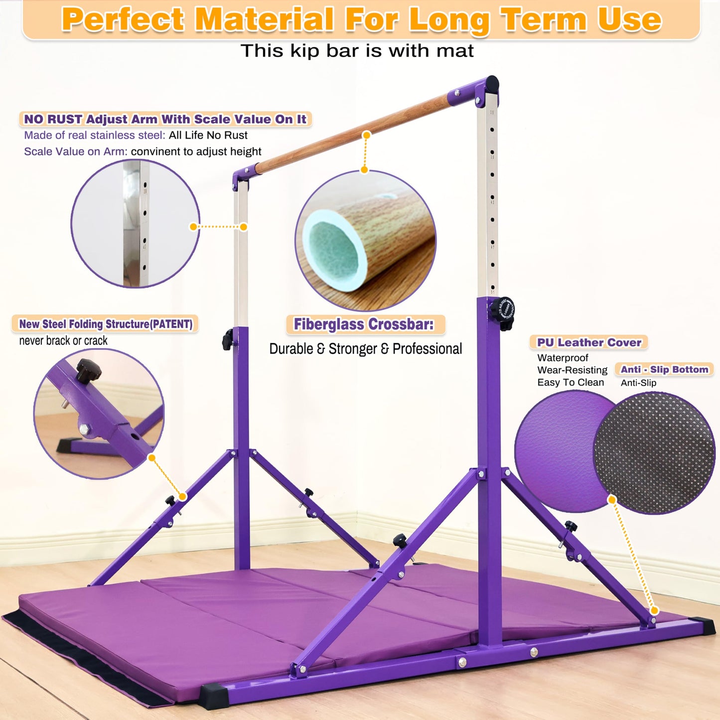 Marfual 5 Ft Fold Gymnastic Bar with Mat Kip Bar with Mat with Professional 4 Ft Width for Kids and Girl and Teenage Home and Club Use