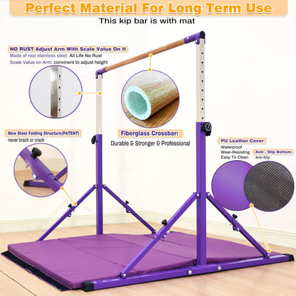 Marfual 5 Ft Fold Gymnastic Bar with Mat Kip Bar with Mat with Professional 4 Ft Width for Kids and Girl and Teenage Home and Club Use