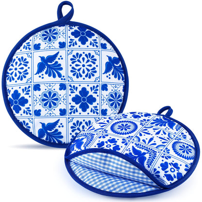 Honeydak 2 Pcs Tortilla Warmer Pouch, Mexican De Barro Talavera Pattern Microwavable Insulated Cloth Pouch for Tortillas, Tacos, Naan, and Pizza Rolls(Blue Talavera,8 Inch)