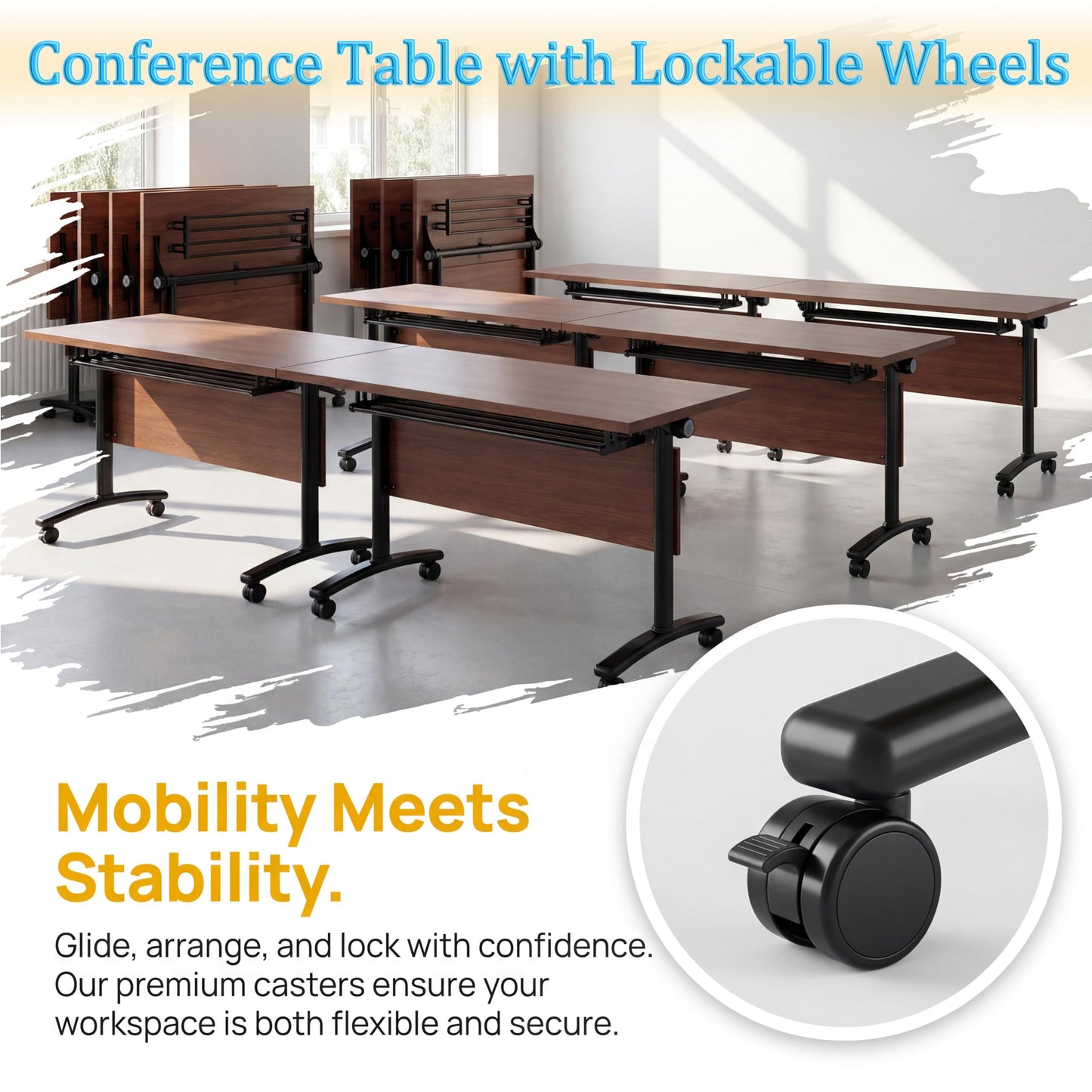 JNMDLAKO Modular Folding Conference Table with Locking Wheels, 8 Pack Flip Top Mobile Training Table, Modern Meeting Seminar Tables for Office, Hotel Conference Room(8,Walnut,71" L x 21" W x 29" H)