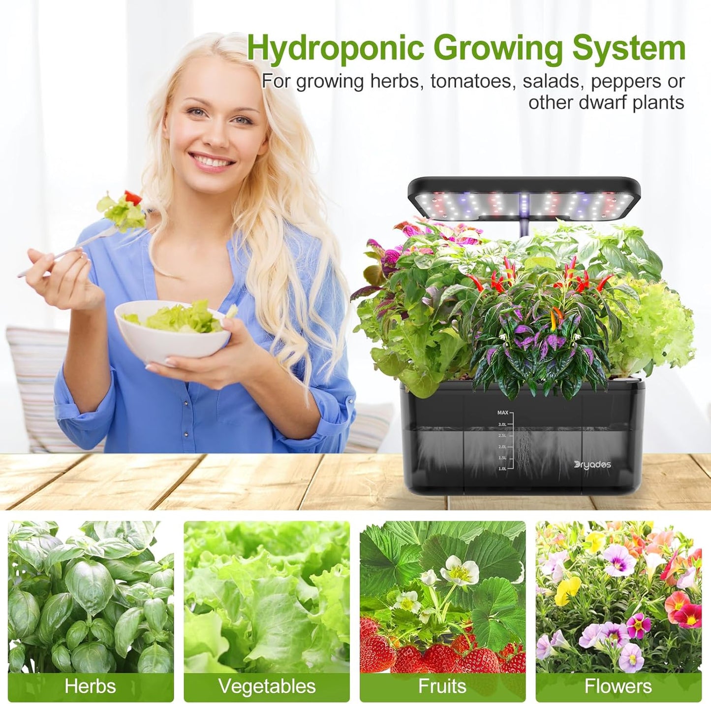 Indoor Herb Garden Kit, Hydroponic Growing System with LED Grow Light Quiet Water Pump for Home Kitchen Office Healthy