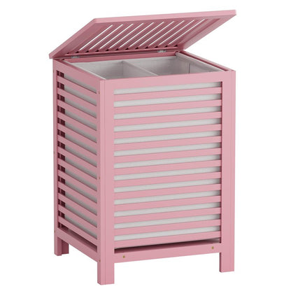 SMIBUY Double Laundry Hamper with Lid, 120L Bamboo Laundry Basket with Removable Liner Bag, 2-Section Clothes Divider Laundry Sorter for Laundry Room, Bathroom, Bedroom (Pink)