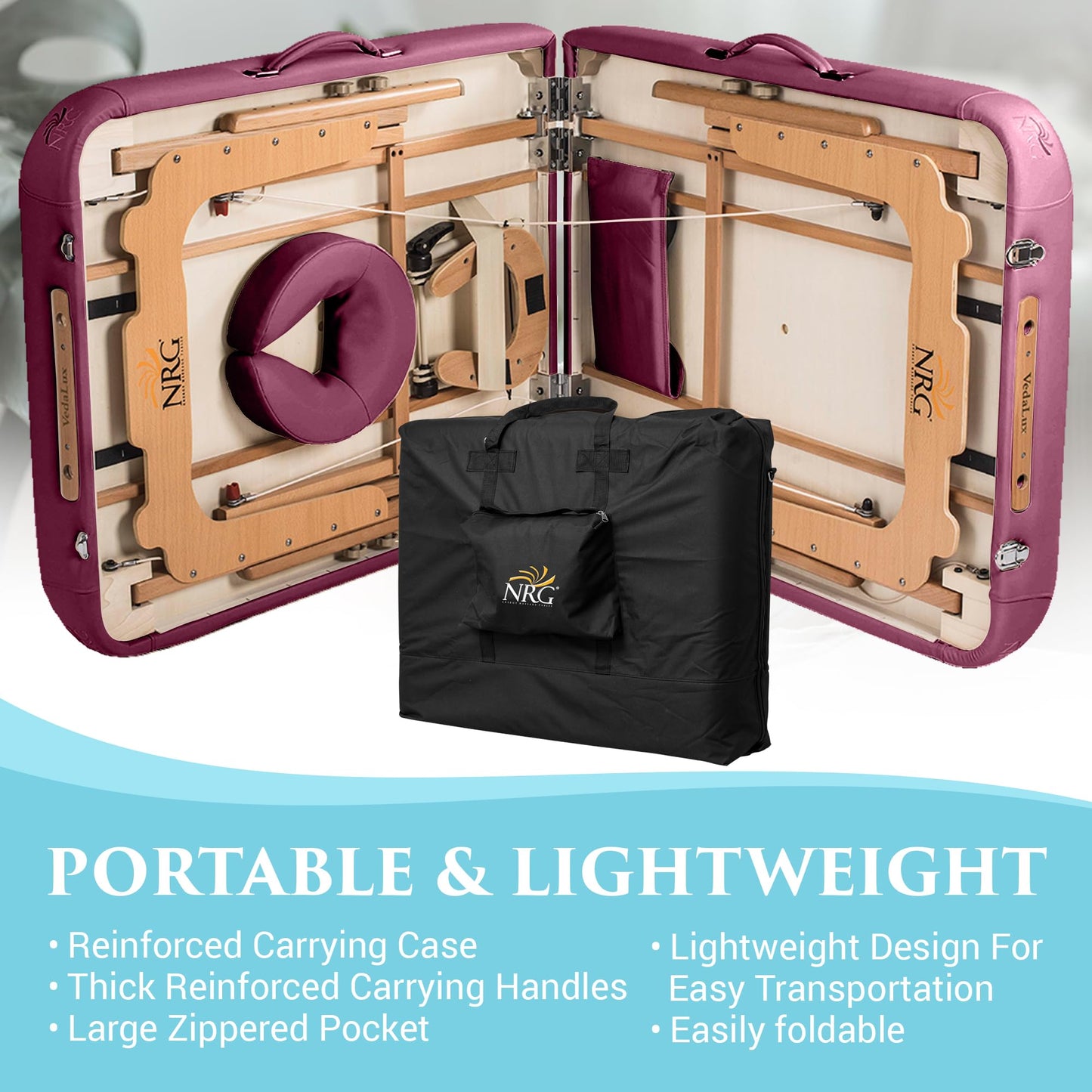 NRG Vedalux Portable Massage Table Package | Burgundy | Folding Lightweight Massage Bed | Professional Spa Table with Face Cradle, Hanging Armrest & Carrying Case