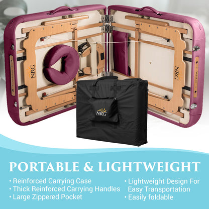 NRG Vedalux Portable Massage Table Package | Burgundy | Folding Lightweight Massage Bed | Professional Spa Table with Face Cradle, Hanging Armrest & Carrying Case