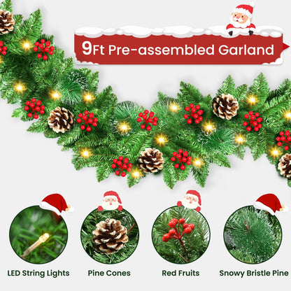 Christmas Garland, JTSIOV 9ft Artificial Christmas Tree Garland with 9ft Lights, Pine Cones, Red Berries, Branch Tips, Waterproof Christmas Decoration for Stairs, Fireplace, Door, Xmas Trees, Garden