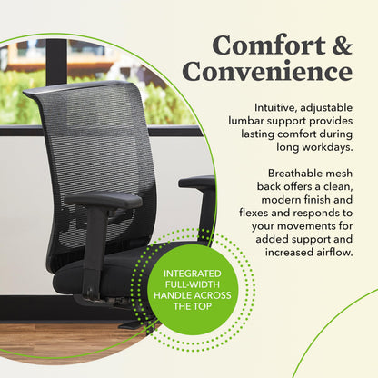 HON Convergence Ergonomic Office Chair with Mesh Back, Vinyl Seat Cushion, Adjustable Arms, Lumbar Support, Synchro‑Tilt Swivel Desk Chair with Wheels for Home Office, Black Frame, Black