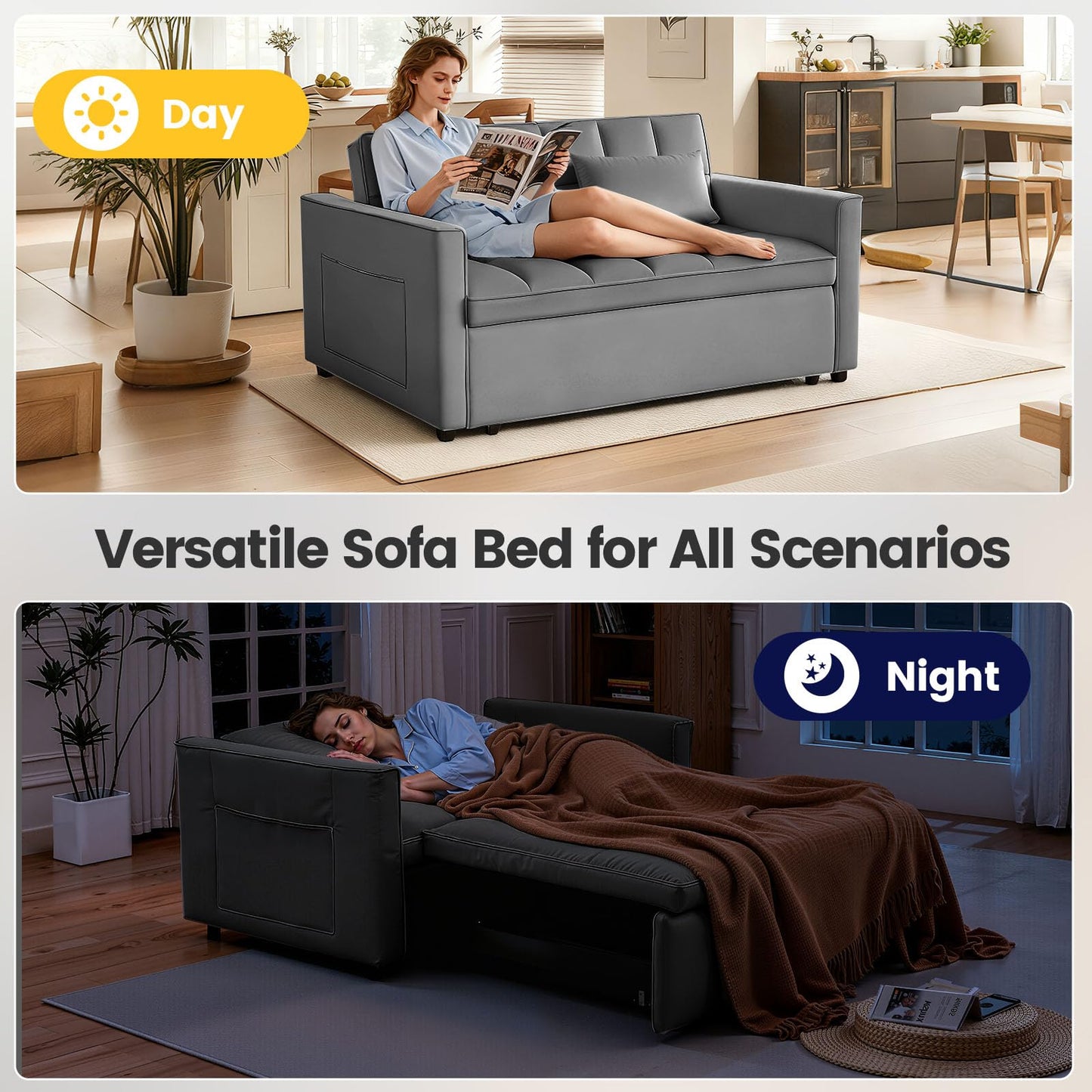 Trygoal 3 in 1 Convertible Sofa Bed, Love Seat Sleeper Bed with Side Pockets, Velvet Fabric Pull Out Couch with Adjustable Backrest for Living Room, Bedroom, Gray Apartment, Gray