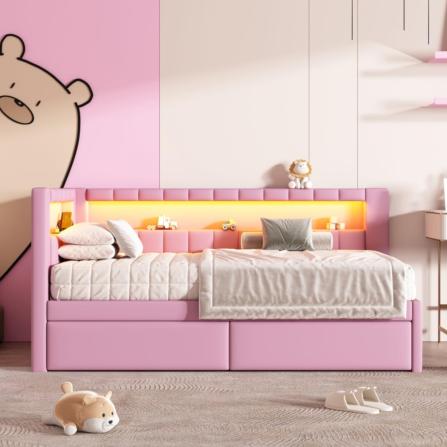 Merax Twin Size Modern Upholstered Platform Bed with USB Ports & Storage Drawers, Floor Sofa Daybed with Wood Slat Support, Storage Bed Frame with Headboard/Twin, Pink