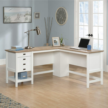 Sauder Cottage Road L Shaped Desk Computer Desk with Drawers, Home Office Desk with Optional File Cabinet Storage, Cable Management, in Soft White Finish