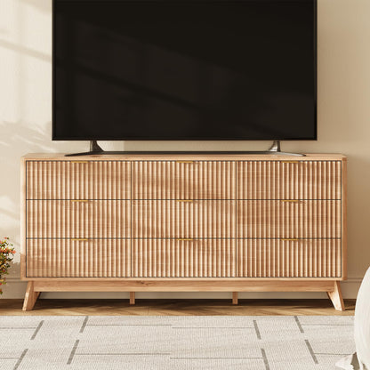 TROJM 63'' Wide 9 Drawers Dresser for Bedroom,Modern Fluted Vertical Chest with Rounded Corners,Fluted Dresser for Living Room,Hallway, Natural Wood