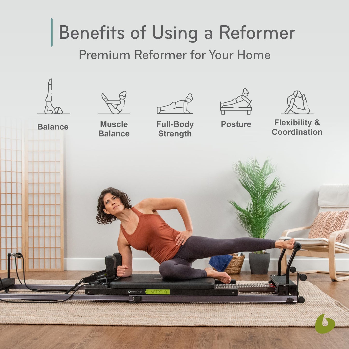 Balanced Body Metro IQ Pilates Reformer with Library Wheels, Pilates Exercise Equipment, Workout Equipment for Home or Studio, Black Upholstery, 96" L x 23" W x 6" H