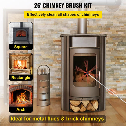 VEVOR Chimney Sweep Kit 26FT - Drill-Powered Brush with 8 Nylon Rods, Flexible Cleaning Tool for Fireplace & Flue