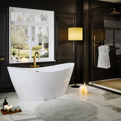 Empava Freestanding Bathtub, Acrylic Soaking Tub with Brushed Nickel Drain & Overflow – Modern Standalone Shower Tub, Non-Slip Flat Bottom Design, Glossy White, 59 Inch,cUPC Certified