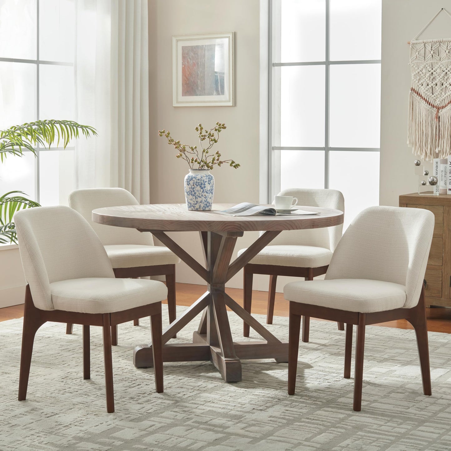 VKNOW Wooden Dining Chairs Set of 4, Upholstered Dining Room Chairs with Rubberwood Legs and Padded Seats, Kitchen Chairs for Restaurant Kitchen Living Room, Beige