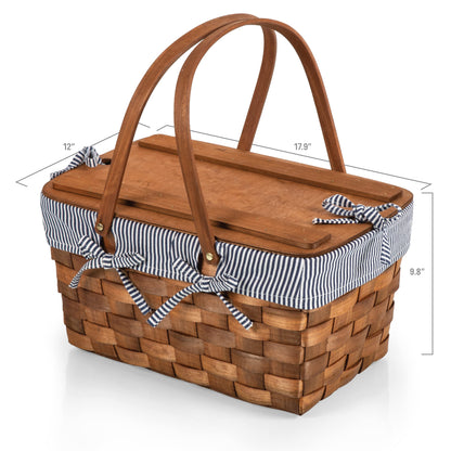 PICNIC TIME Kansas Handwoven Wood Picnic Basket, Sturdy Woven Wicker Basket with Tabletop Lid and Removable and Washable Polycotton Vintage-Style Liner, (Navy Blue & White Stripe)