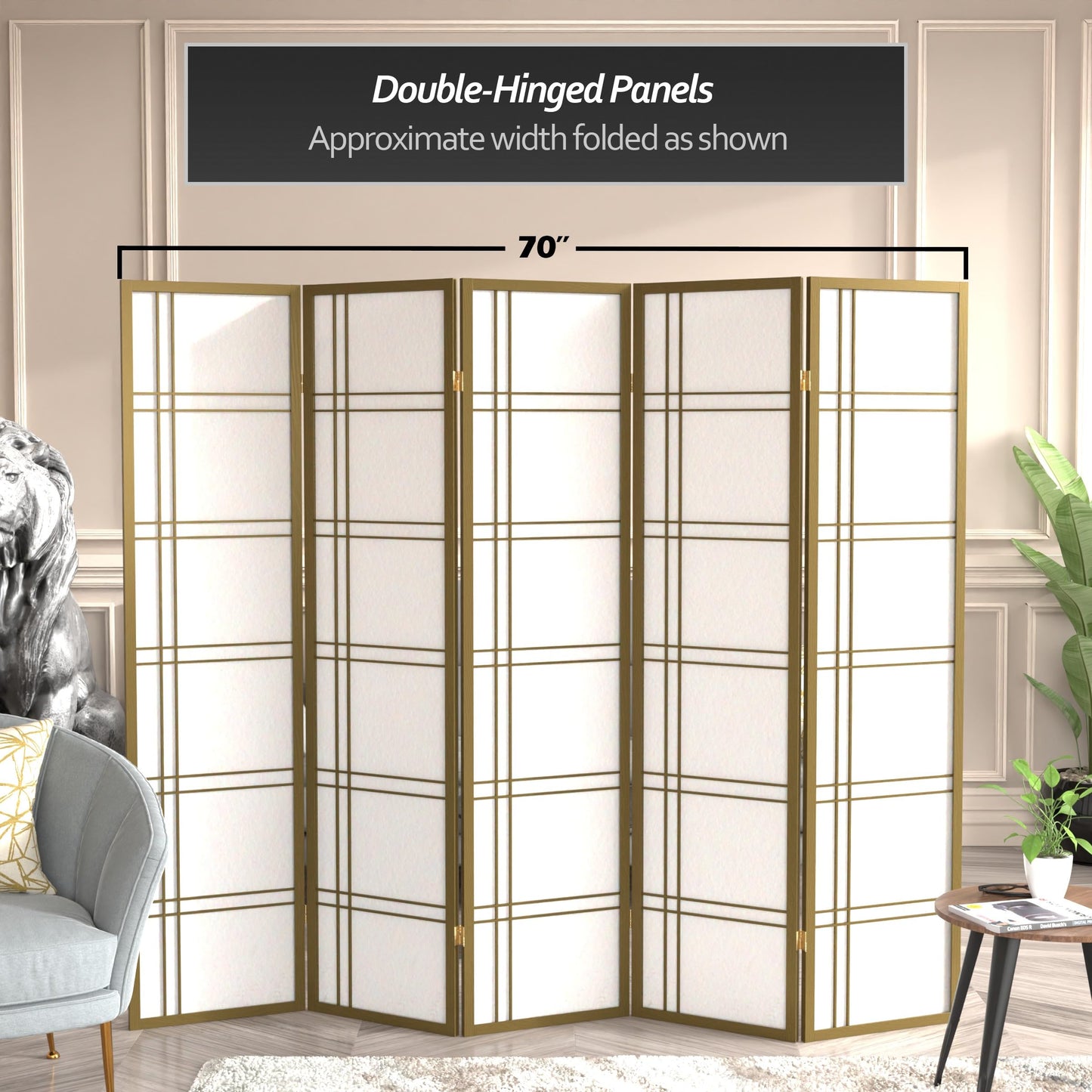 Red Lantern 6 ft. Tall Double Cross Shoji Screen - Gold - 5 Panels