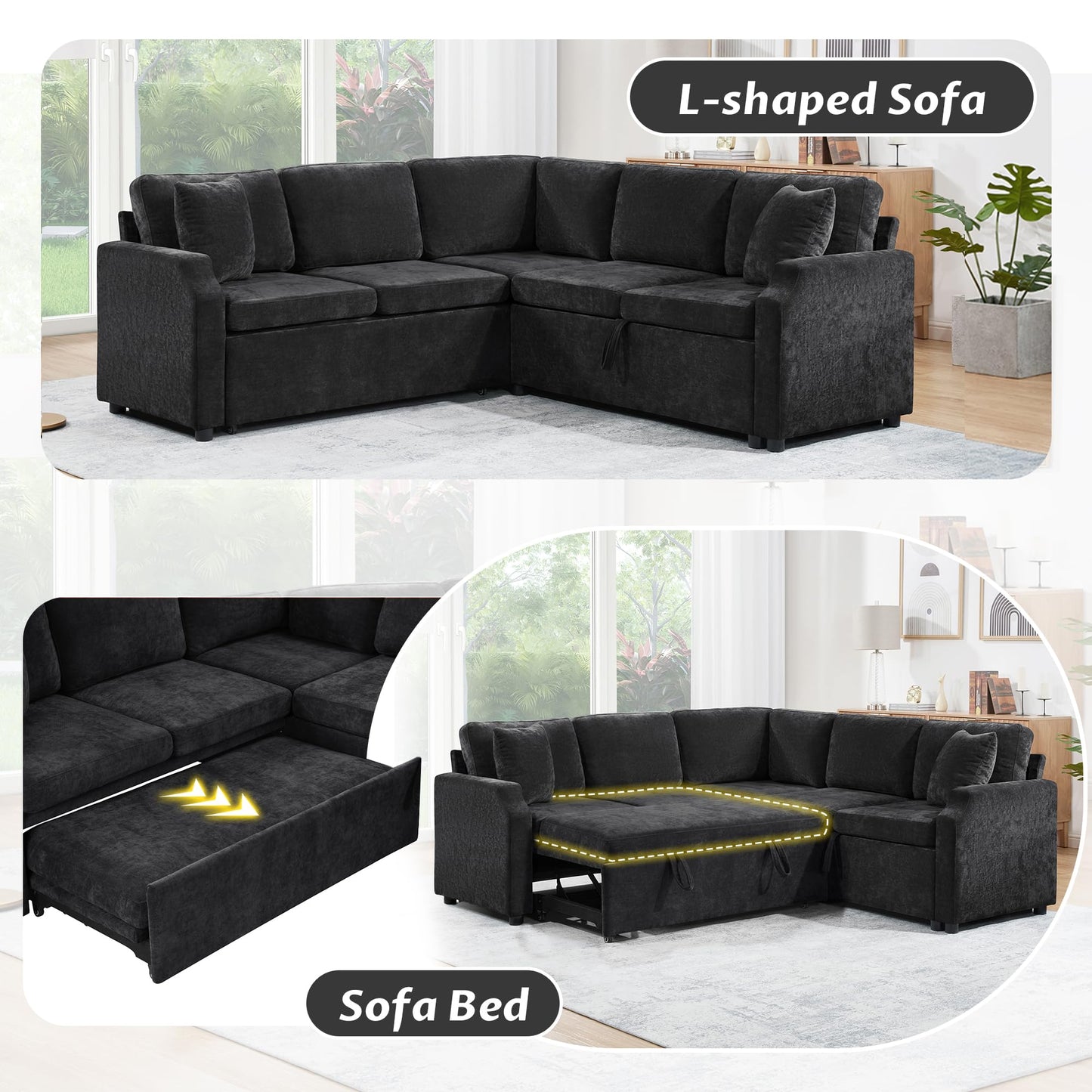 Eafurn 82 INCH Convertible Sleeper Sectional Sofa Pull Out Couch Bed for Living Room - Chenille Upholstered Symmetrical L Shaped Corner Sectional Couch W/Storage and Throw Pillows