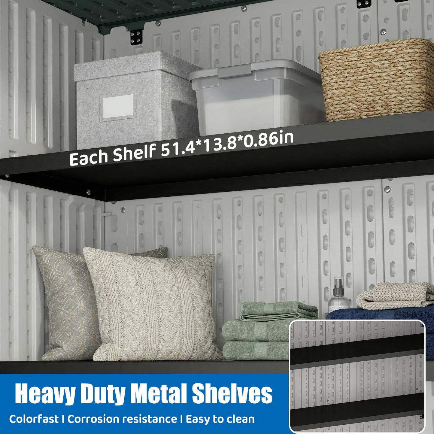 EHHLY Vertical Resin Storage Shed with 2 Shelves, 60 Cuft Garden Tool Sheds & Outdoor Storage, Plastic Outdoor Storage Cabinet Waterproof, 4.5 x 2.3 ft Outside Lawn Mower Storage Shed, Light Grey