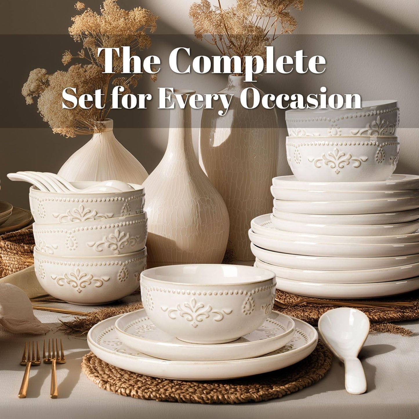 Artena Plates And Bowls Sets, 24 Pieces Dinnerware Sets, Dish Set For 6, Ceramic Kitchen Bowl And Plate Set, Embossed White Dishware Sets, Dishwasher & Microwave Safe (Damask Floral)