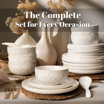 Artena Plates And Bowls Sets, 24 Pieces Dinnerware Sets, Dish Set For 6, Ceramic Kitchen Bowl And Plate Set, Embossed White Dishware Sets, Dishwasher & Microwave Safe (Damask Floral)