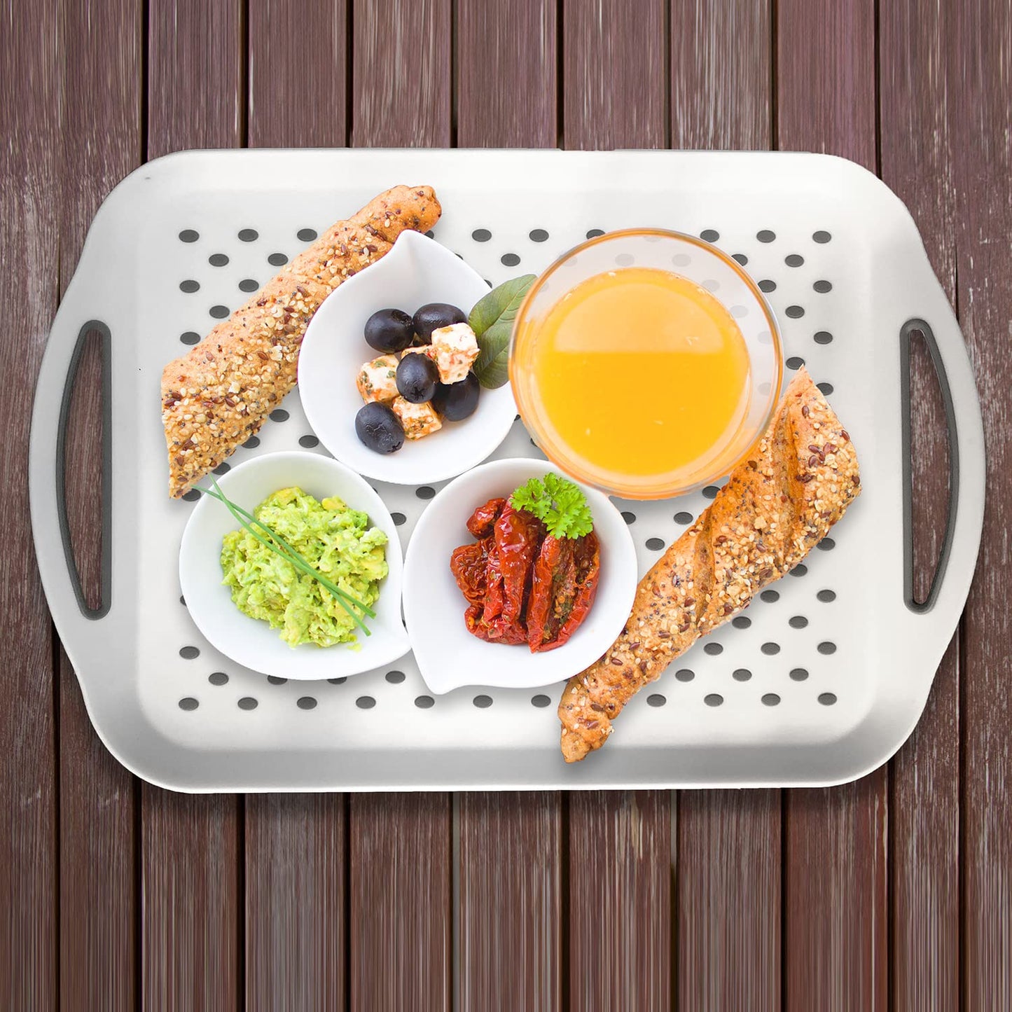 Large Non Slip Serving Tray with Handles, Silicone Gripping Nubs Lap Food Trays for Eating, Dishwasher Safe Serve for Dinner Snack Fruit Dessert Breakfast Beverage, Rectangular, Set of 2, White