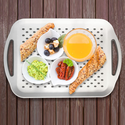 Large Non Slip Serving Tray with Handles, Silicone Gripping Nubs Lap Food Trays for Eating, Dishwasher Safe Serve for Dinner Snack Fruit Dessert Breakfast Beverage, Rectangular, Set of 2, White