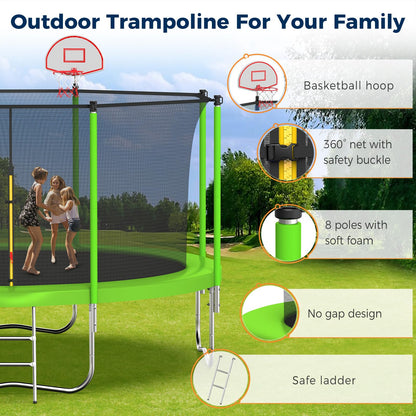 Tatub 12FT Trampoline for Kids and Adults, Outdoor Recreational Trampolines with Basketball Hoop & Enclosure Net, Green