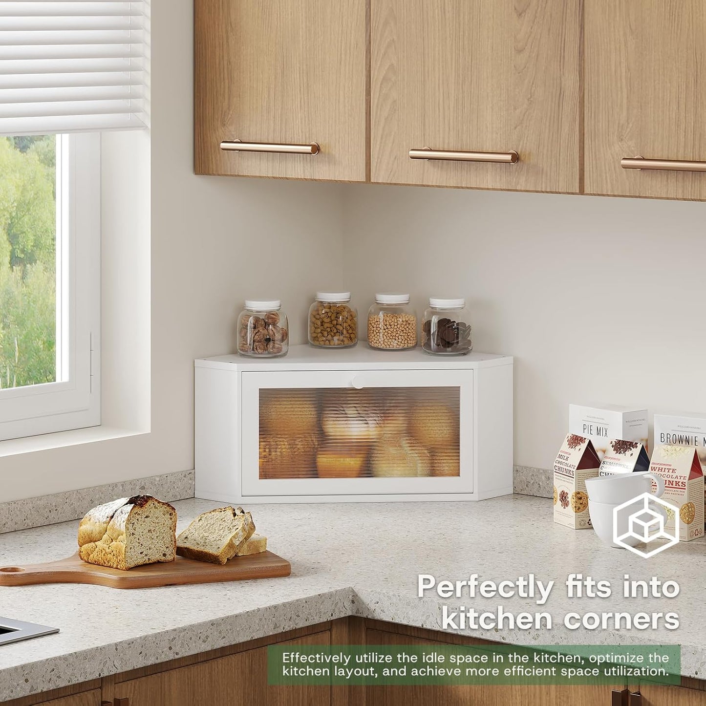 kiplant Countertop Corner Bread Box for Kitchen - Bamboo Wood, Wavy Acrylic Door, Bread Storage Container, Large Bread