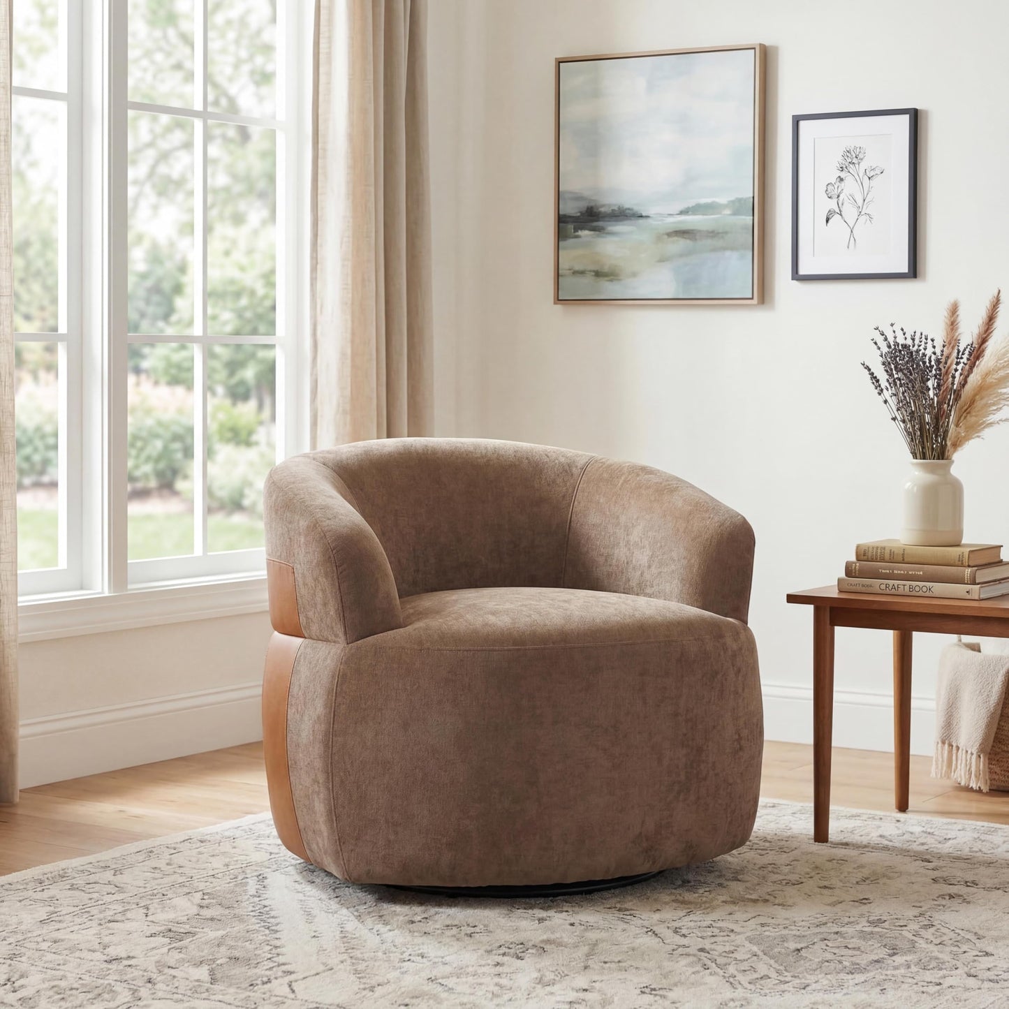 Christopher Knight Home Eldie Fabric Upholstered Swivel Accent Chair with PU Leather Accent, 360-Degree Rotation Armchair, Swivel Barrel Chair with Steel Base+Wood Frame, Lounge Chair Indoor, Brown